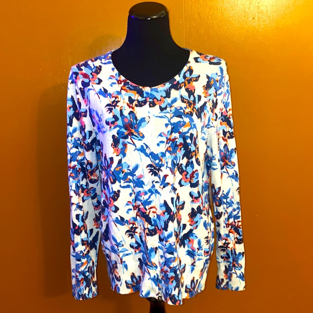 Lands End floral cardigan size L 14-16 supima cotton